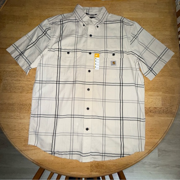 Carhartt Men's off white shirt sleeve Plaid Button Down cotton Shirt Medium - Picture 1 of 13